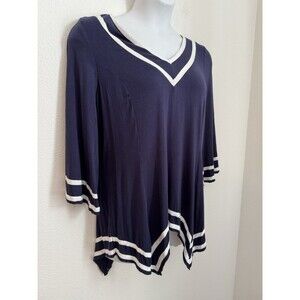 Ashley Stewart Top Knit  Size 18/20 Navy Blue White Trim Coastal Boho Shark Hem
